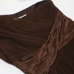 MAGGY LONDON ONE SHOULDER DRESS IN 100% SILK BROWN